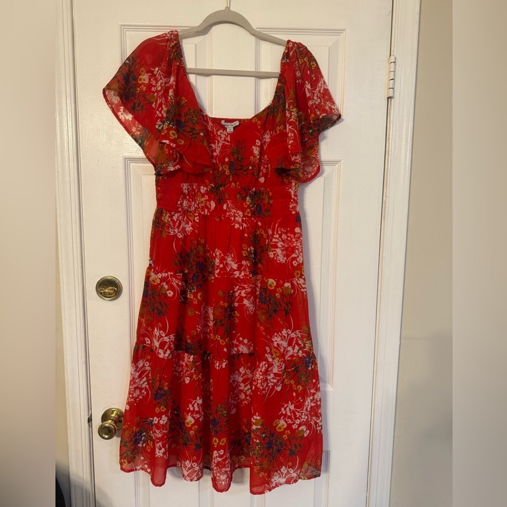 Marissa Olivia Red Floral Midi Dress with Ruffle Sleeves - Unknown Brand